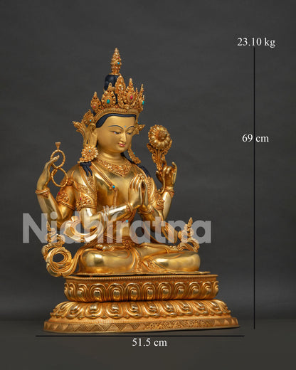 Right view side of large Chenrezig copper sculpture handcrafted by Newari artisans in Nepal