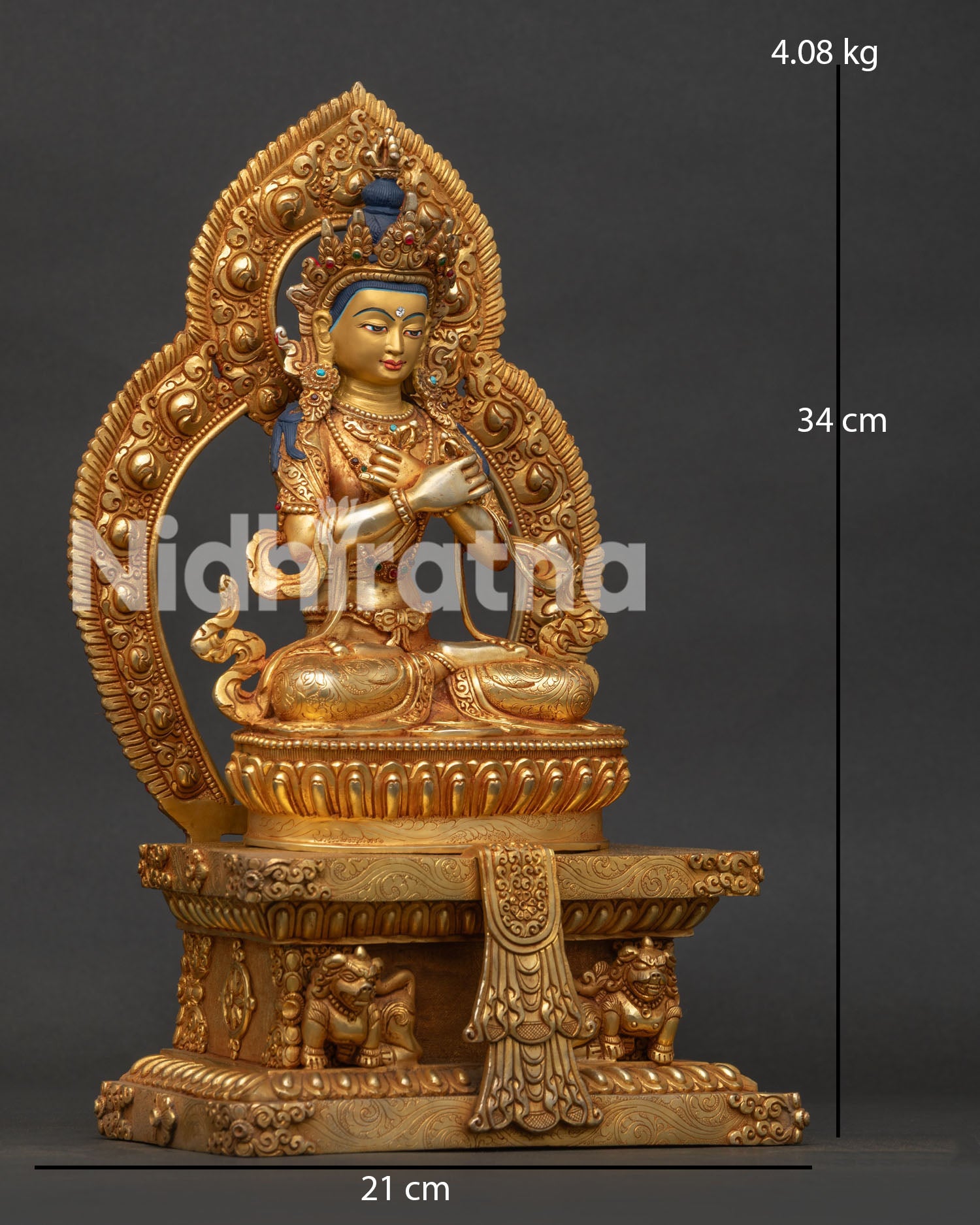 Right view side of Vajradhara Statue with lion throne and traditional Himalayan artistry