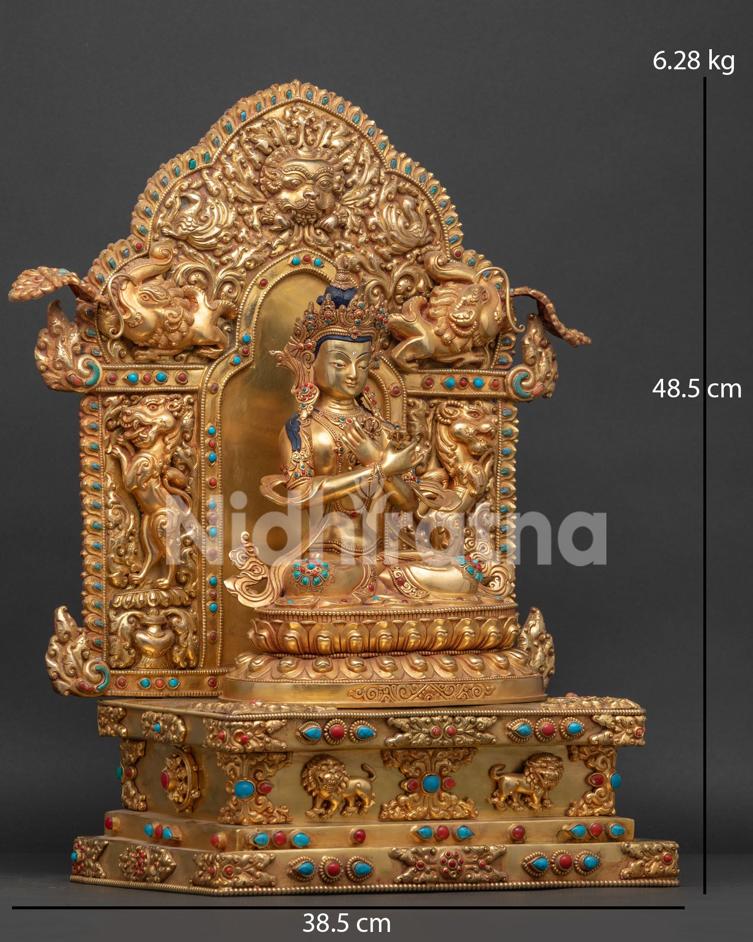 right view side of vajradhara statue with ornate celestial throne and garuda