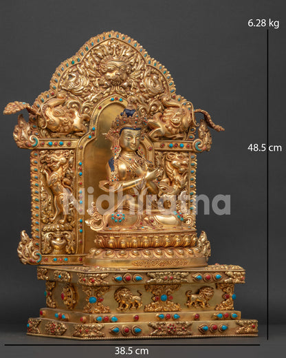 right view side of vajradhara statue with ornate celestial throne and garuda