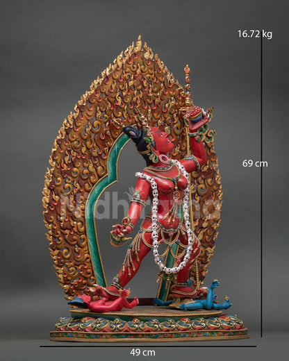 right view side of vajrayogini statue, dynamic posture on prostrate figure nepal