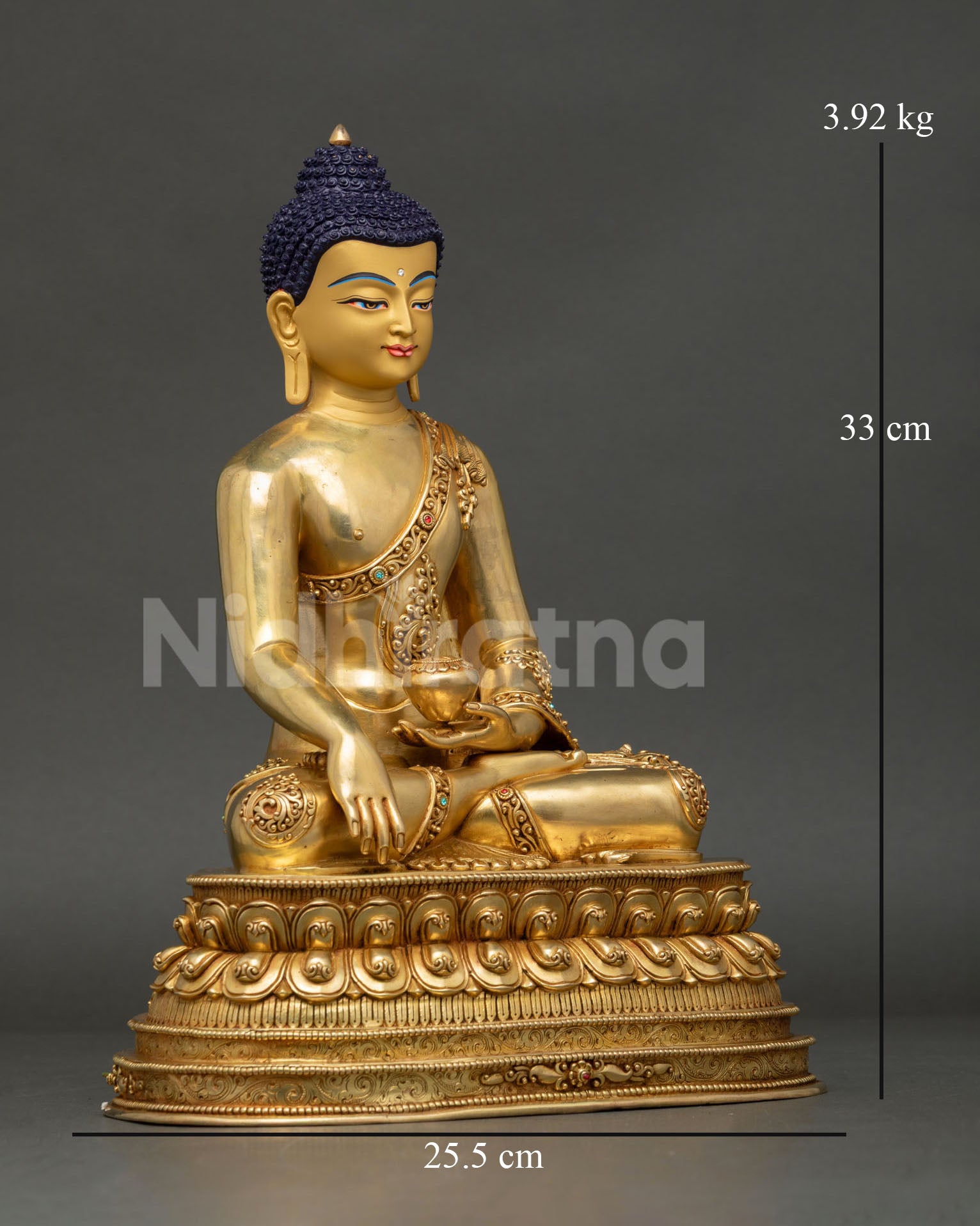 Right side Shakyamuni Buddha, 24K gold copper, lotus throne, Himalayan art