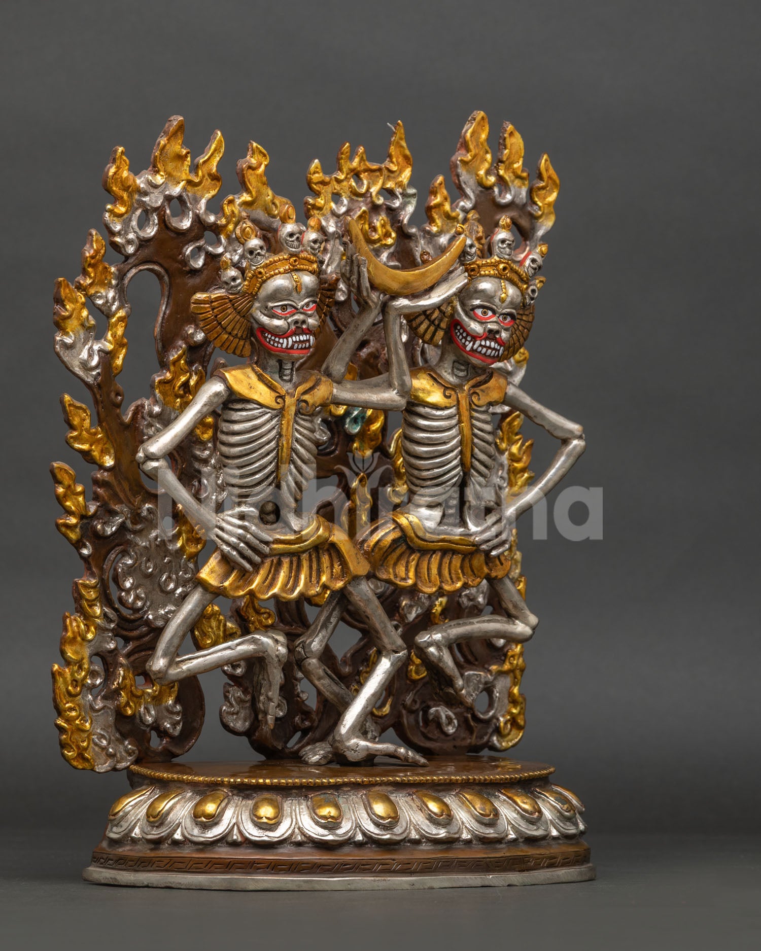 Right side view of Dancing Citipati statue with lotus pedestal and aureole
