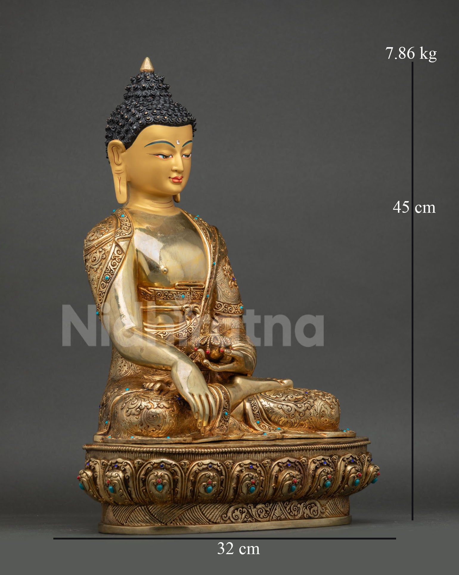right view side shakyamuni buddha statue nepalese buddhist art copper lotus pedestal
