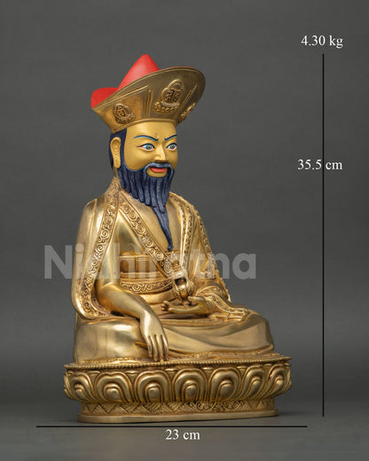 Right side view of Ngawang Namgyal statue with gilded copper craftsmanship