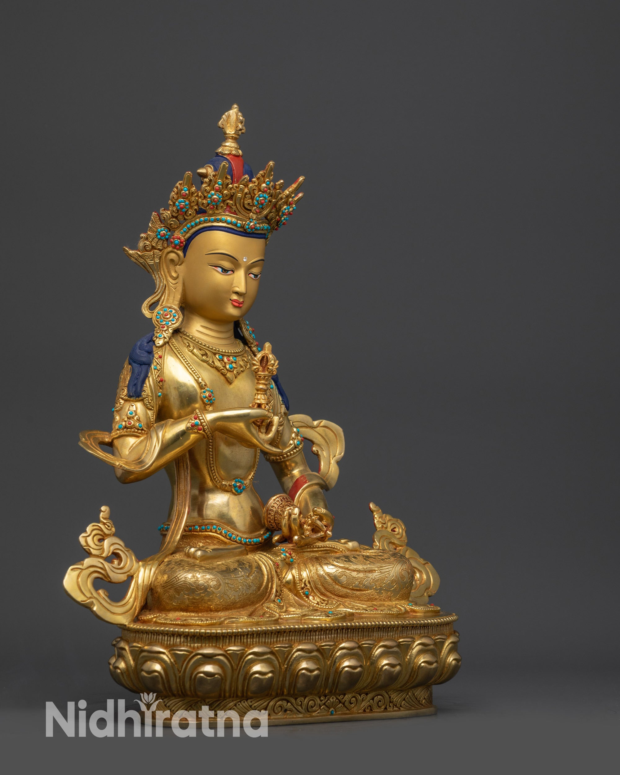 right view side Dorje Sempa Vajrasattva statue on lotus seat with carved jewelry