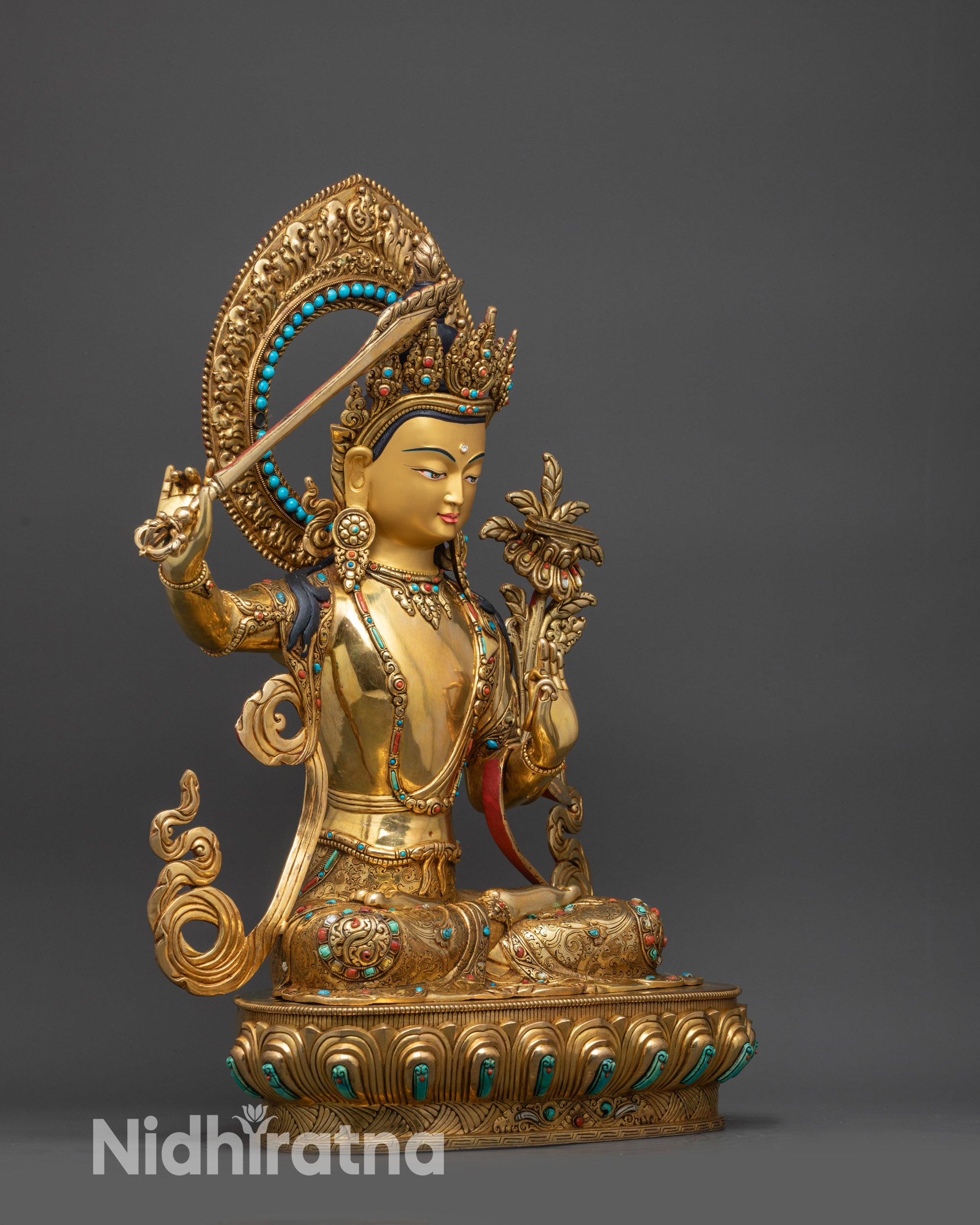 right view side Premium Manjushri Statue with lotus seat, halo, utpala flower and wisdom sword
