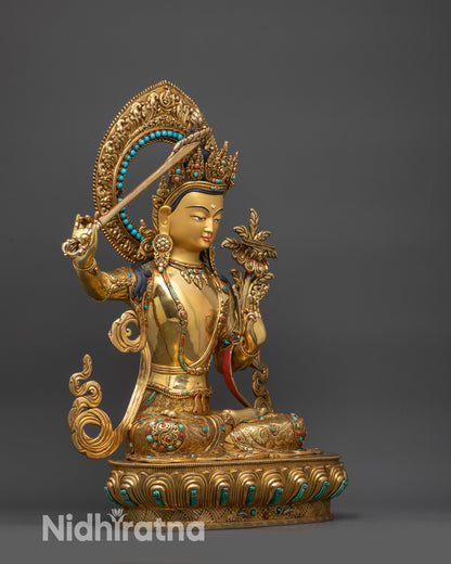 right view side Premium Manjushri Statue with lotus seat, halo, utpala flower and wisdom sword
