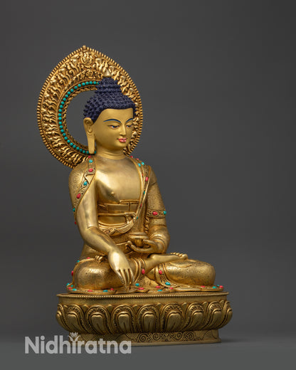 right view side Seated Shakyamuni Buddha statue on gold fire-gilded lotus base