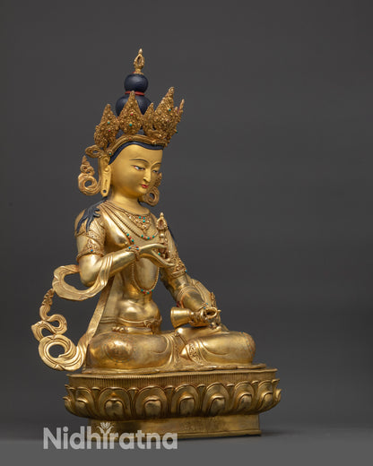 right view side Vajrasattva statue with five-jeweled crown and lotus seat patterns
