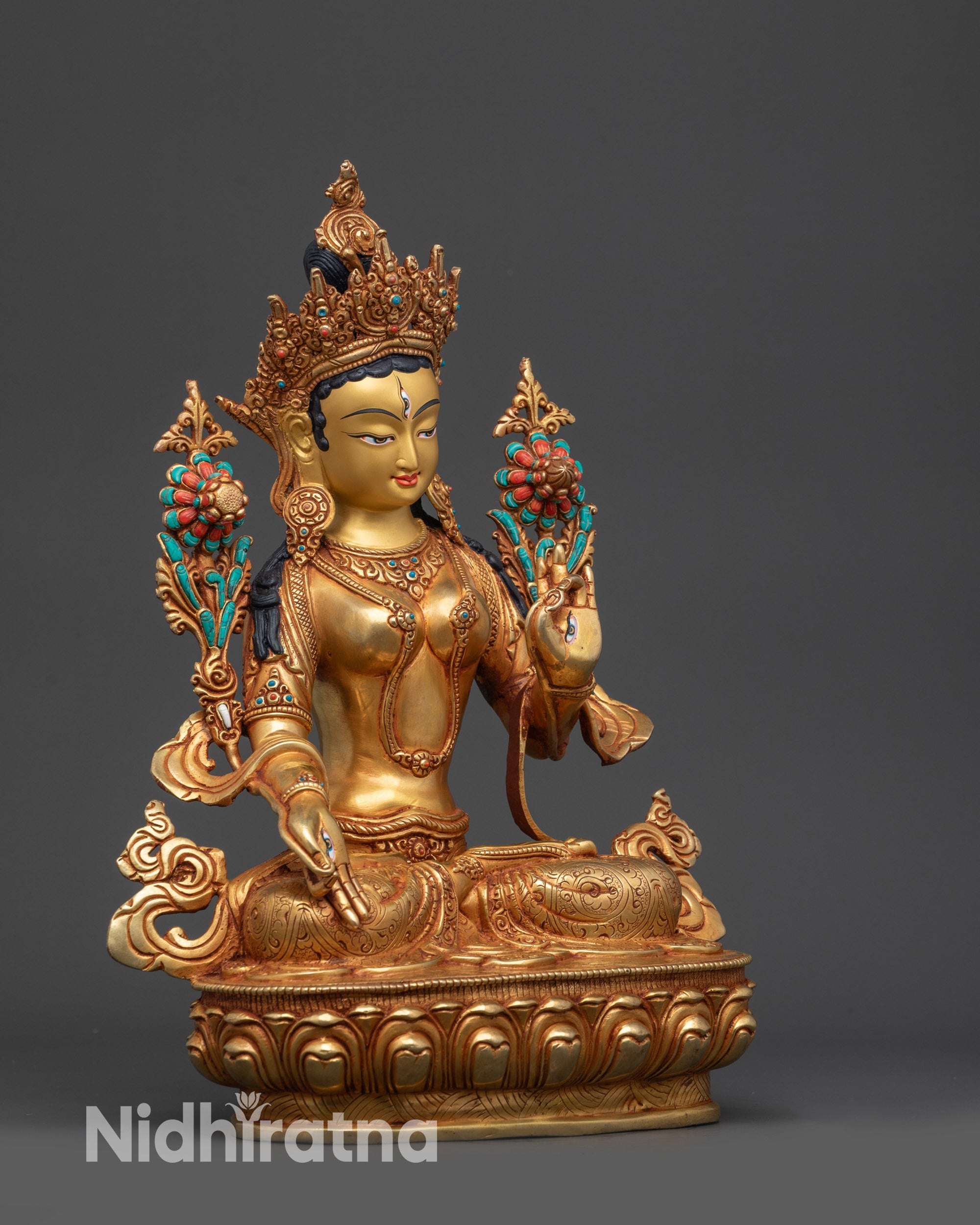 right view side White Tara lotus seat carved patterns copper alloy spiritual statue
