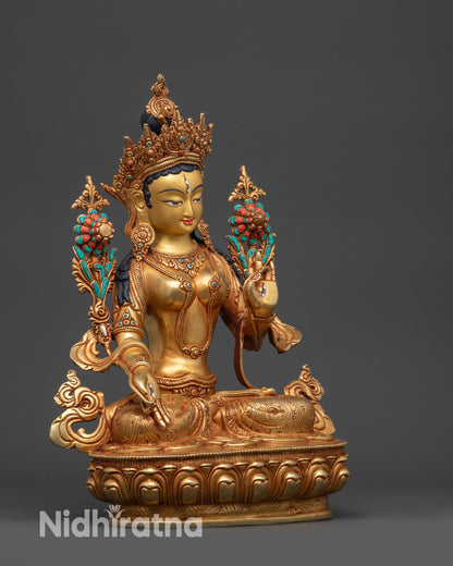 right view side White Tara lotus seat carved patterns copper alloy spiritual statue
