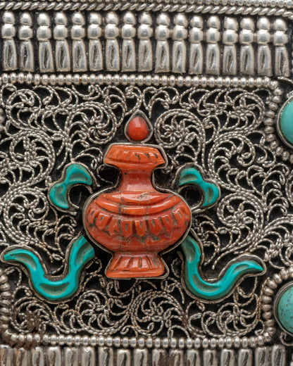 Sacred Ghau Mala with engraved Treasure Vase symbol and colorful semi precious stones