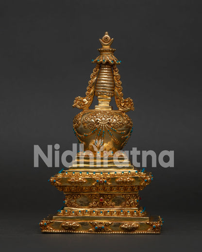 Sacred gold plated Buddha stupa handmade by Newari artisans in Nepal for meditation altar