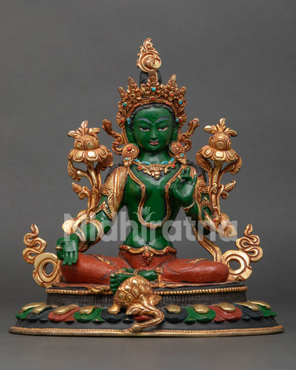 Sacred Green Tara Statue, Handmade in Nepal, Copper Buddhist Deity with Gold Gilded Ornament