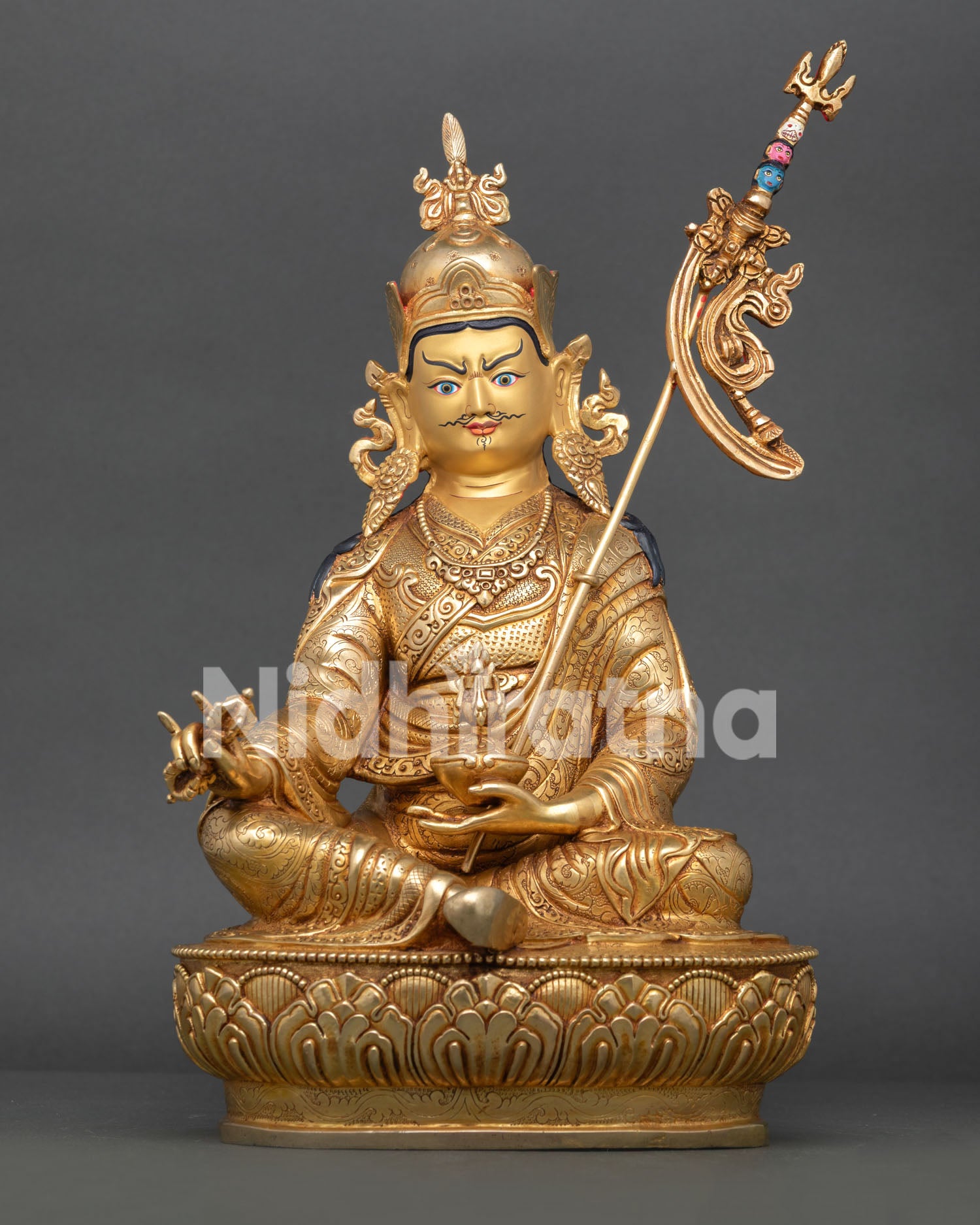 Sacred Guru Padmasambhava Statue handcrafted in Nepal with gold fire gilded copper body