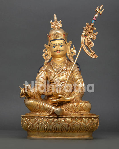 Sacred Guru Padmasambhava Statue handcrafted in Nepal with gold fire gilded copper body