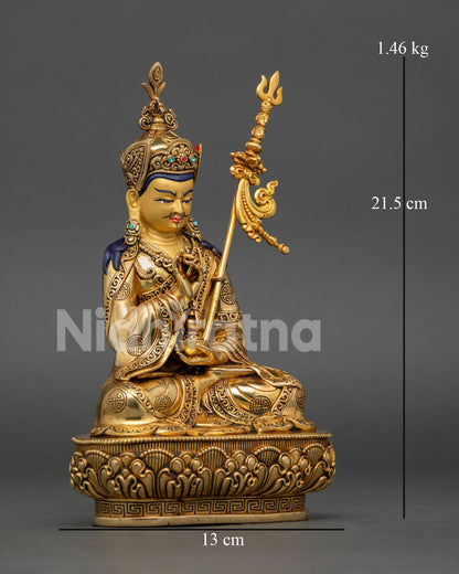 Sacred Guru Tsokye Dorje sculpture, seated on lotus pedestal showcasing fine Nepalese craftsmanship