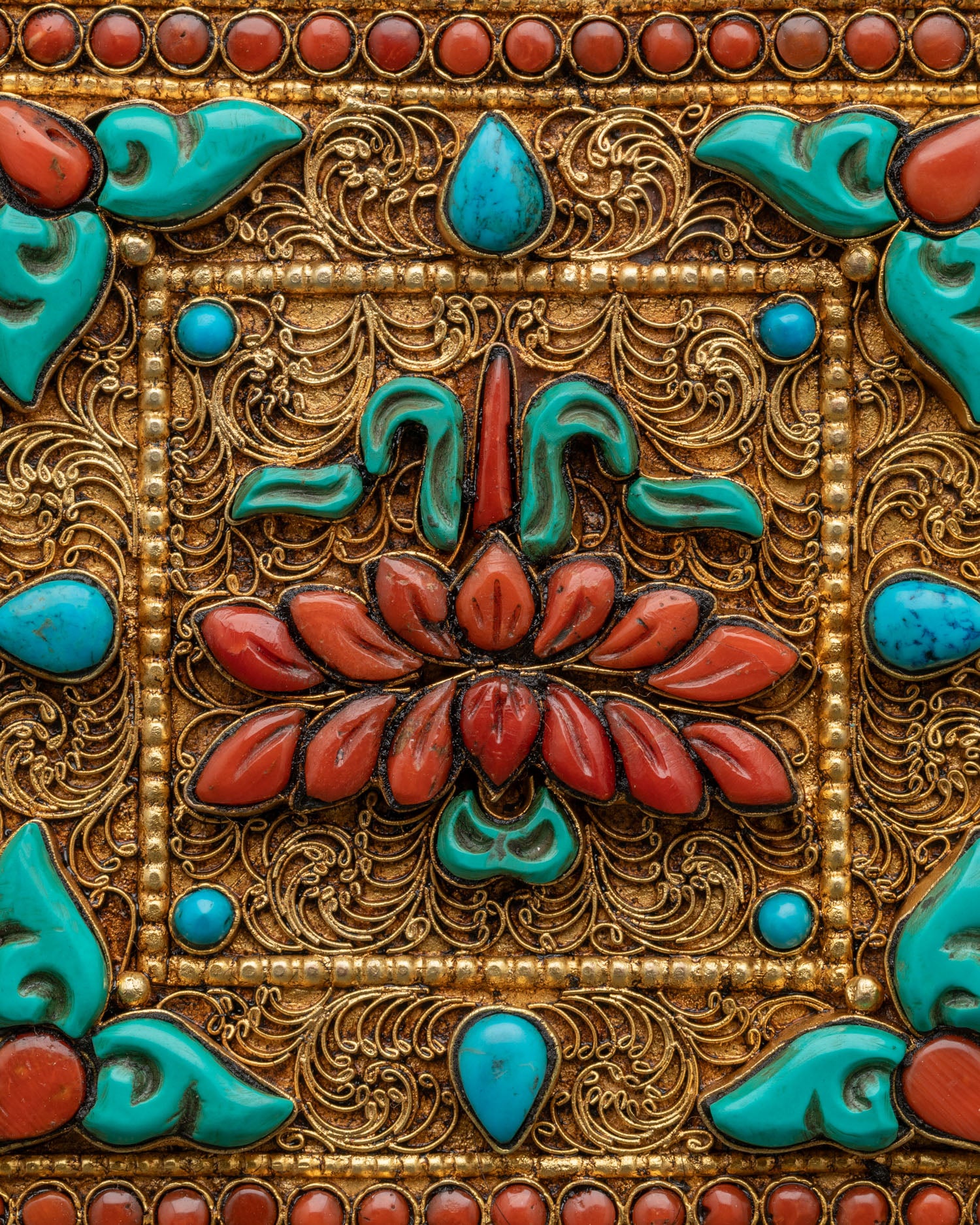 Sacred Lotus Ghau Mala featuring intricate filigree artwork and colorful semi-precious stones