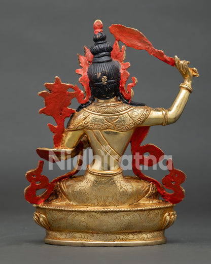 Sacred manjushri buddhist sculpture symbolizing wisdom and enlightened awareness.