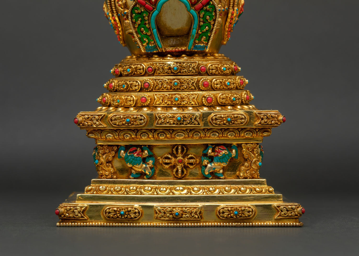 Sacred Stupa Supported by Snow Lions, Handmade by Newari Artisans