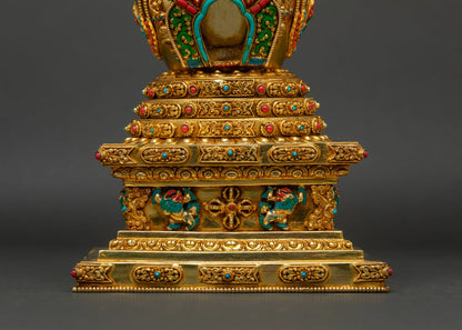 Sacred Stupa Supported by Snow Lions, Handmade by Newari Artisans