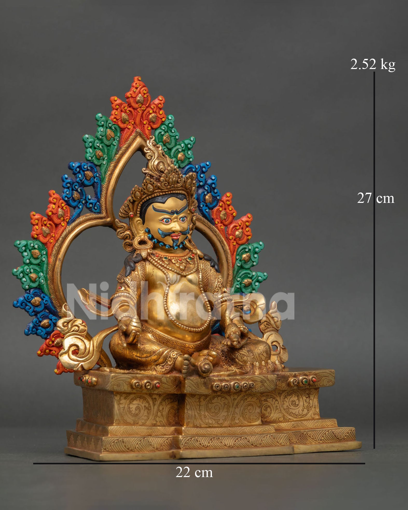 Sacred Yellow Dzambhala statue handcrafted by Newari artisans with jewel spitting mongoose and citron fruit