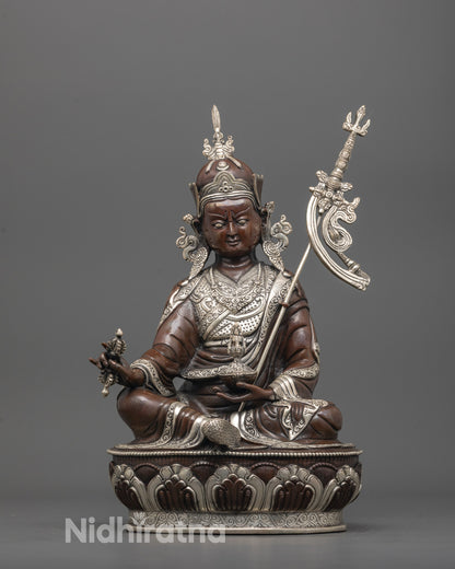 sacred padmasambhava statue front view with silver-plated lotus seat and oxidized copper finish