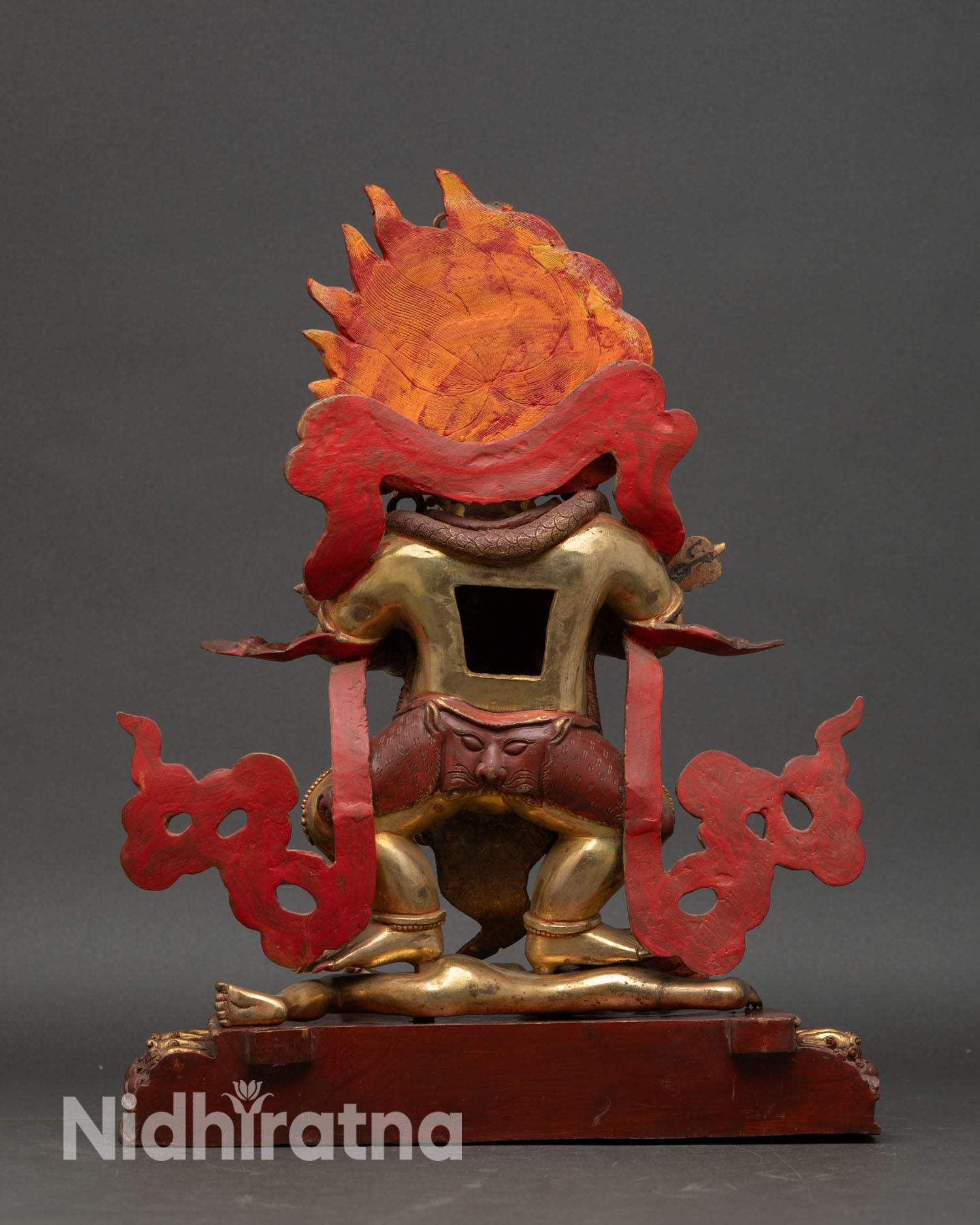 Sakya Mahakala statue back view handcrafted Nepalese Buddhist artwork oxidized finish home altar meditation decor