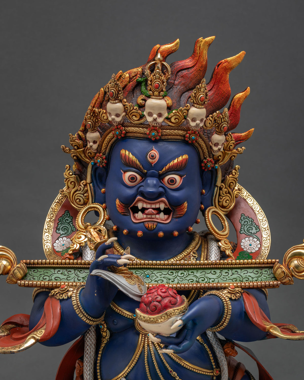 Sakya Mahakala Statue Close-Up – Gold Gilded Copper Details, Newari Artwork