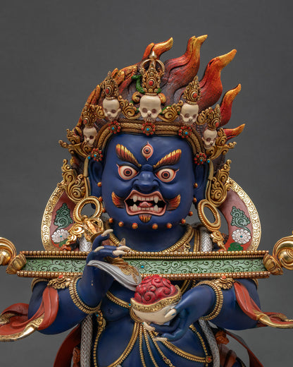 Sakya Mahakala Statue Close-Up – Gold Gilded Copper Details, Newari Artwork