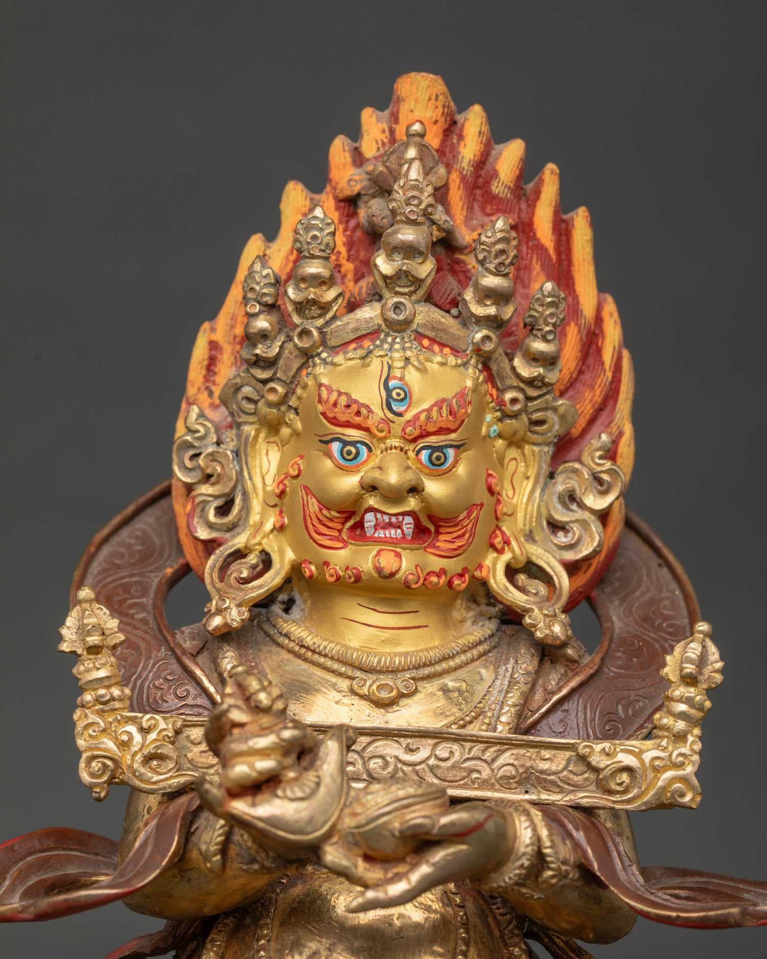 Sakya Mahakala Statue Close Up Showing Gold Fire Gilding and Copper Details