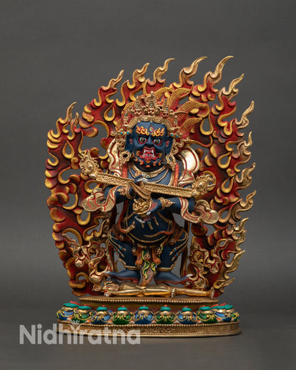 Sakya Mahakala statue front view wrathful Buddhist protector copper sculpture, handmade Newari artwork from Nepal.