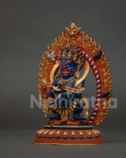 Sakya Mahakala statue left side view showing intricate Tibetan Buddhist details