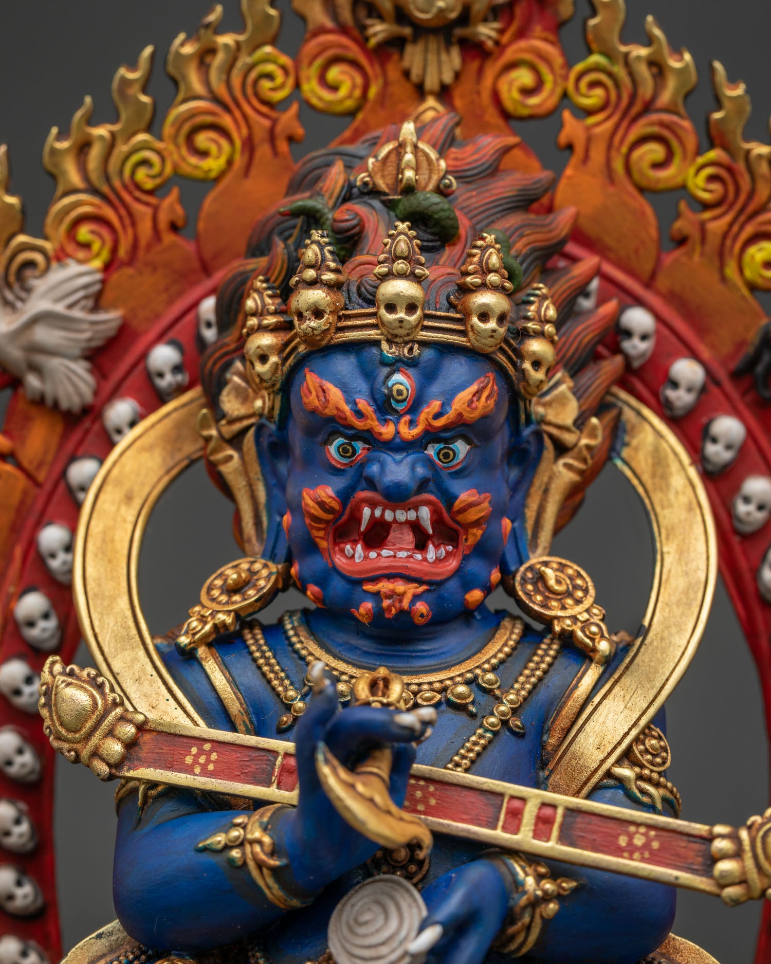 Sakya Mahakala statue regular close up showing detailed handcrafted copper artwork