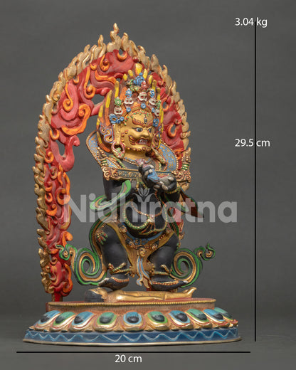Sakya Mahakala statue showing serpent garland and hand painted acrylic colors