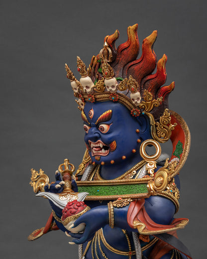 Sakya Mahakala Statue Side Close-Up – Flaming Halo & Skull Garland Detail