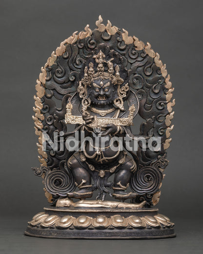 Sakya Mahakala statue standing on lotus pedestal, handcrafted copper Buddhist protector deity with wrathful expression and fire flames