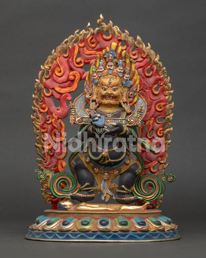 Sakya Mahakala statue with gold painted face, handcrafted copper Buddhist protector from Patan, Nepal