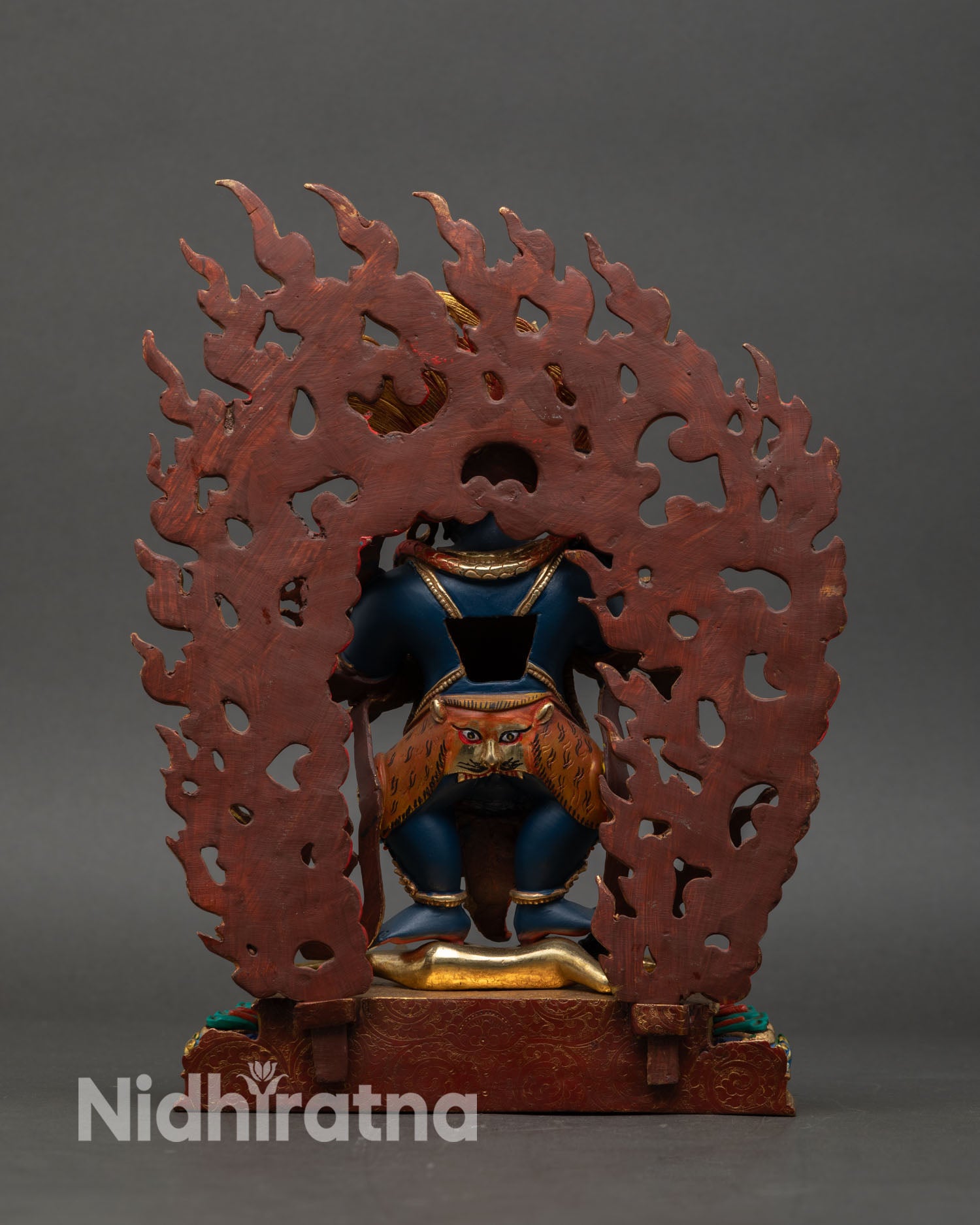 Sakya Mahakala, traditional handmade Newari copper statue, Vajrayana wrathful deity used for altar meditation and sacred decor.