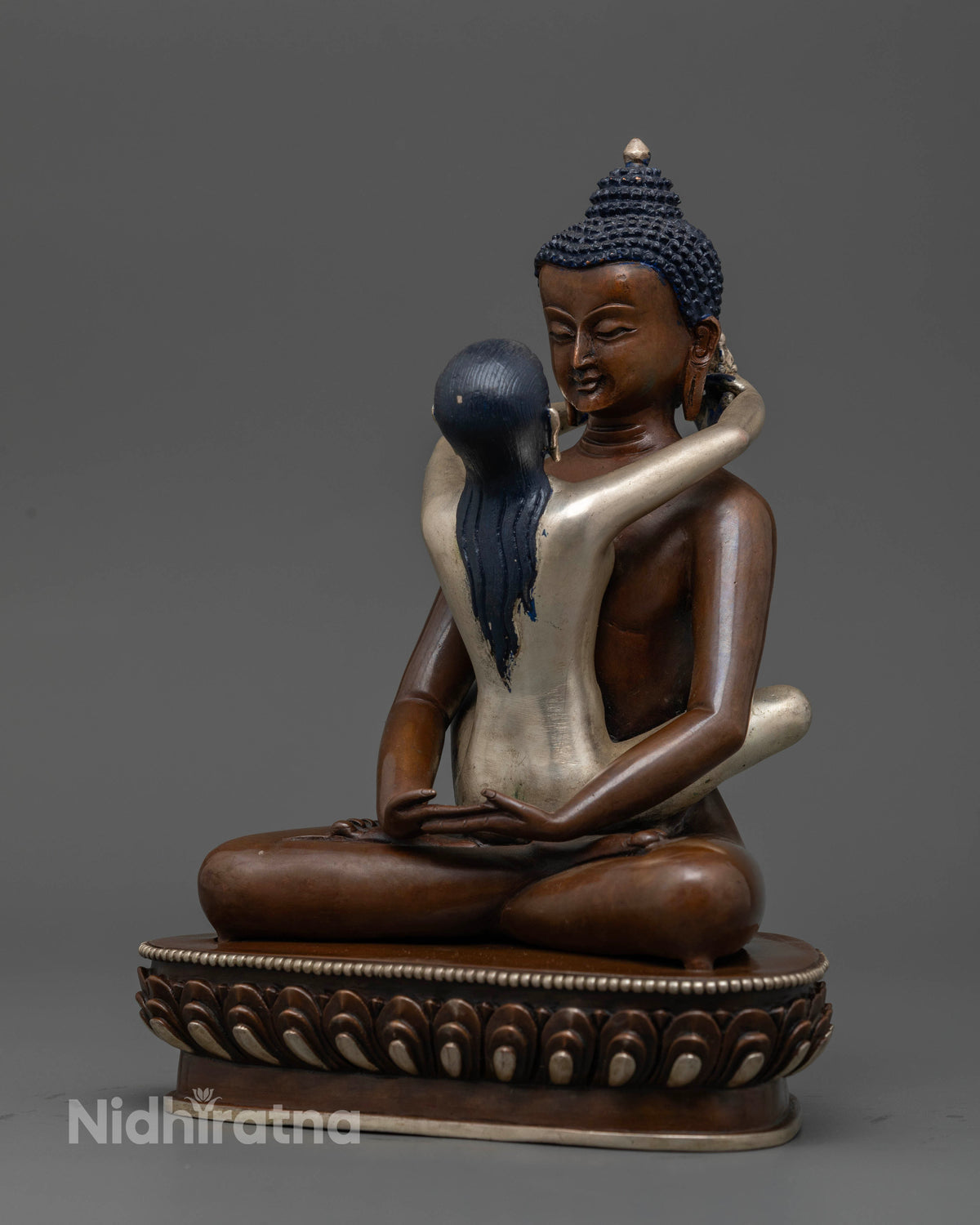 Samantabhadra and Consort statue with copper and oxidized silver-plated finish