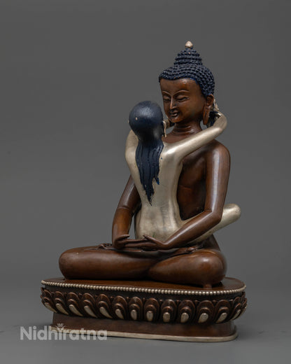 Samantabhadra and Consort statue with copper and oxidized silver-plated finish