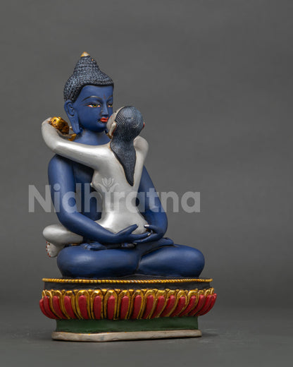 Samantabhadra and Samantabhadri statue seated together on handcarved lotus pedestal.