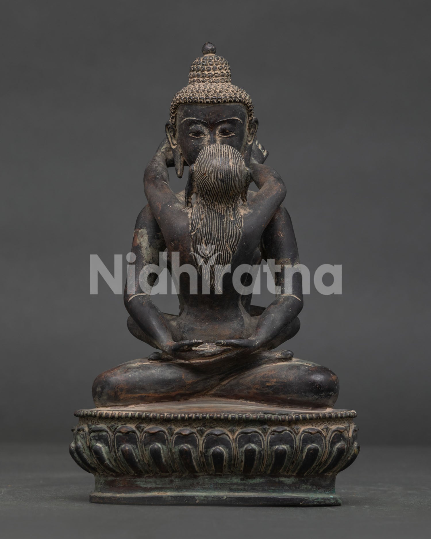 Samantabhadra with consort statue front view antique oxidized copper Nepal.