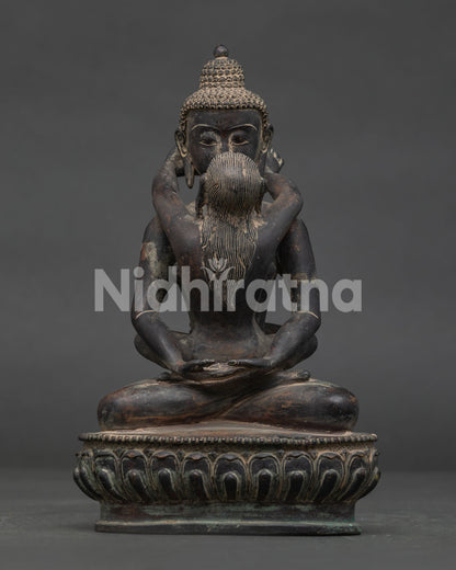 Samantabhadra with consort statue front view antique oxidized copper Nepal.