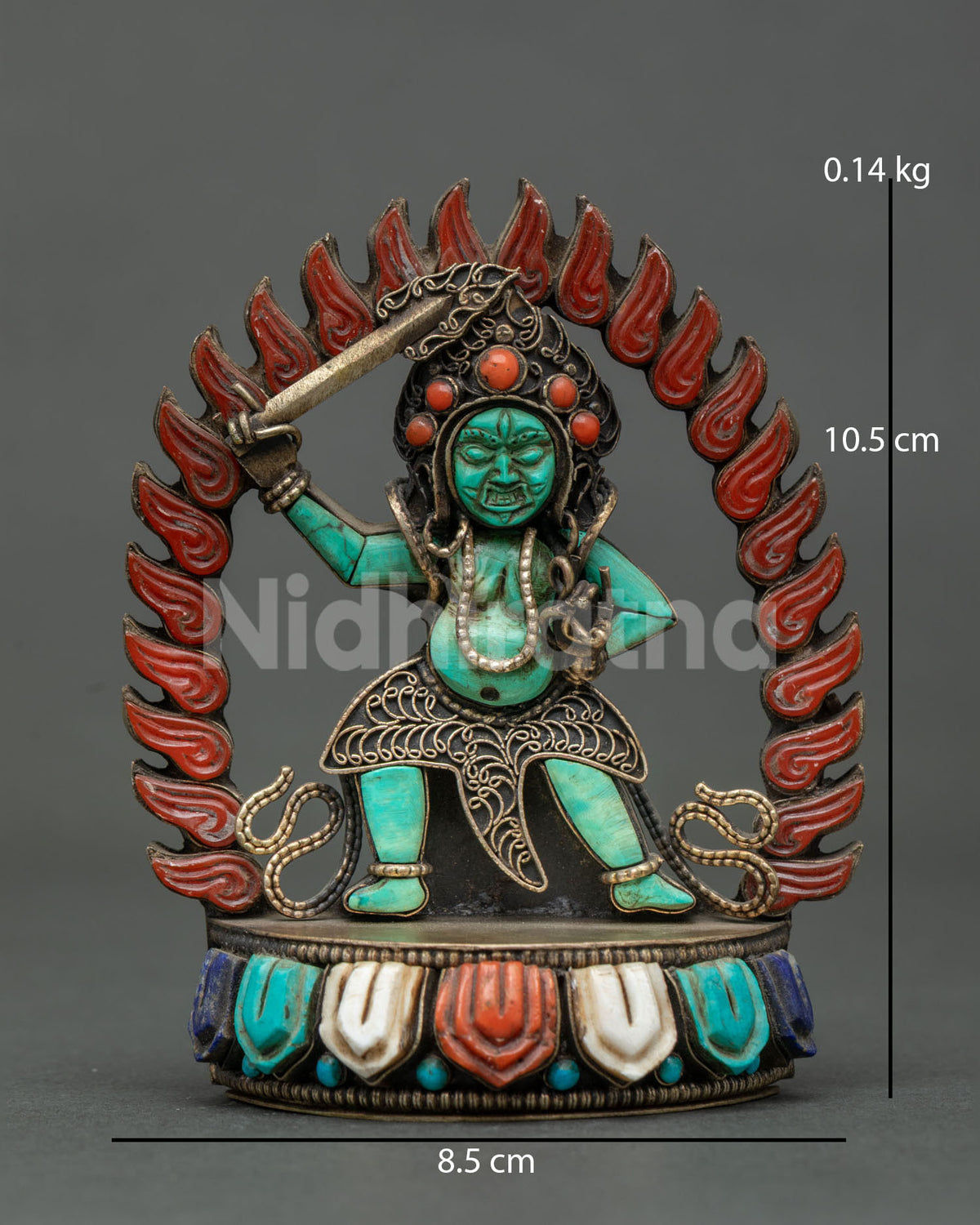 sankata devi turquoise statue from nepal with wisdom sword lasso and fiery halo front view
