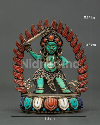 sankata devi turquoise statue from nepal with wisdom sword lasso and fiery halo front view