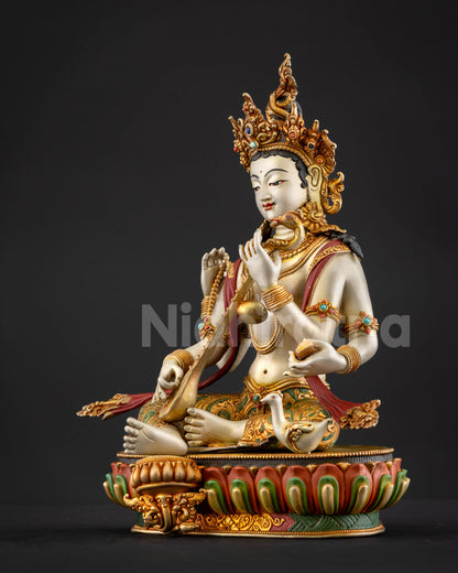 Saraswati goddess statue lotus throne swan symbol wisdom discernment traditional Himalayan lost wax bronze sculpture Nepal artisan craft