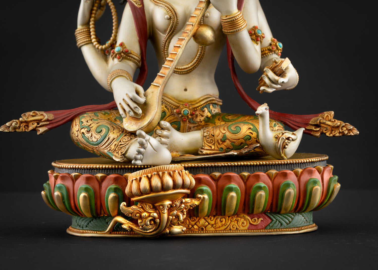 Saraswati statue masterpiece craftsmanship floral engraving gold accents sacred Hindu deity of knowledge wisdom and creativity collector piece art