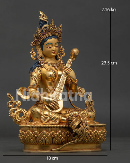Saraswati Statue with veena and semi precious stone details.